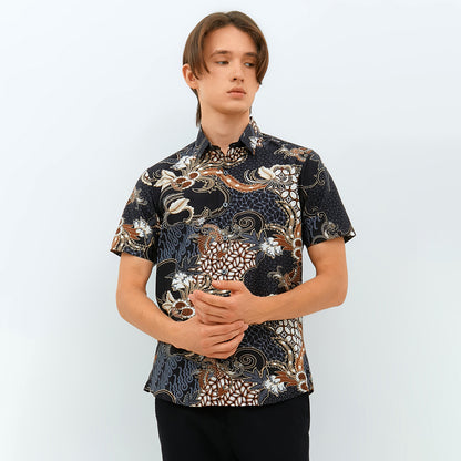 Odza Baju Atasan Hem Batik Lengan Pendek Slim Fit Ashanka Coklat