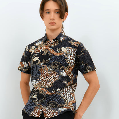 Odza Baju Atasan Hem Batik Lengan Pendek Slim Fit Ashanka Coklat