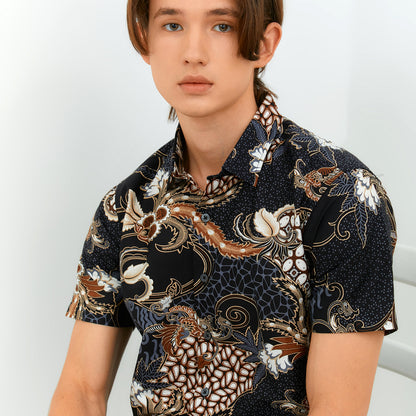 Odza Baju Atasan Hem Batik Lengan Pendek Slim Fit Ashanka Coklat