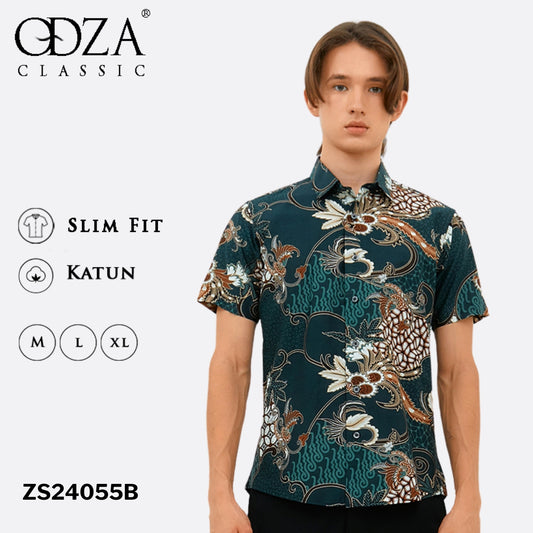 Odza Kemeja Batik Lengan Pendek Slim Fit Modern Abudaya Hijau Botol