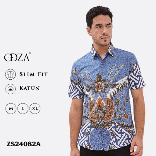 Odza Kemeja Batik Pria Lengan Pendek Slim Fit Slim Fit Modern Adiraga Biru