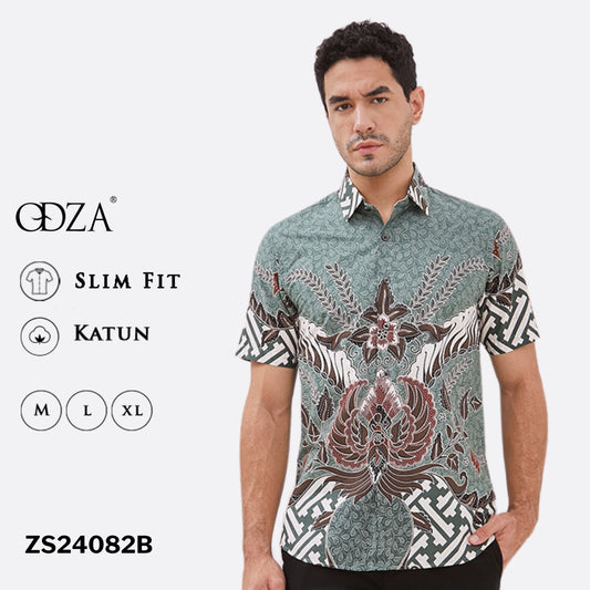 Odza Kemeja Batik Pria Lengan Pendek Slim Fit Modern Adiraga Hijau