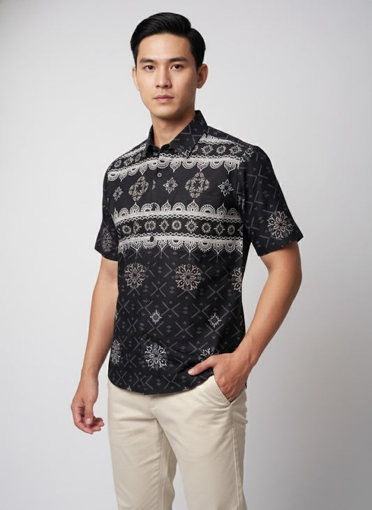 ODZA Classic Kemeja Batik Pria Lengan Pendek Slim Fit Regular Jumbo Kasual Modern Cretaria Bahan Katun Nyaman Motif Elegan