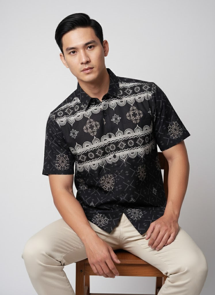 ODZA Classic Kemeja Batik Pria Lengan Pendek Slim Fit Regular Jumbo Kasual Modern Cretaria Bahan Katun Nyaman Motif Elegan