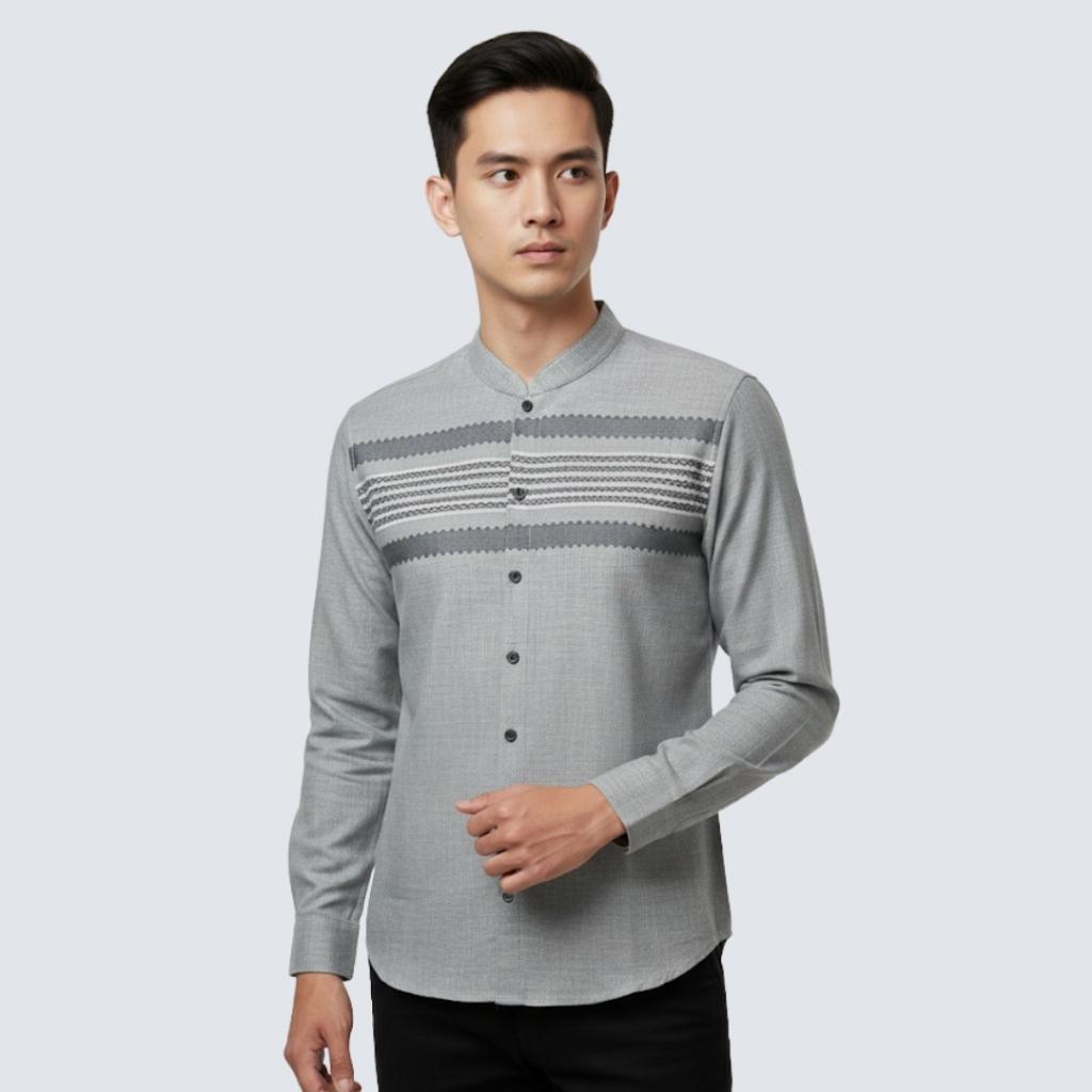 Odza Baju Koko Lengan Panjang Kombinasi Pria Regular fit Modern Kemeja Muslim Modern Batris Biru