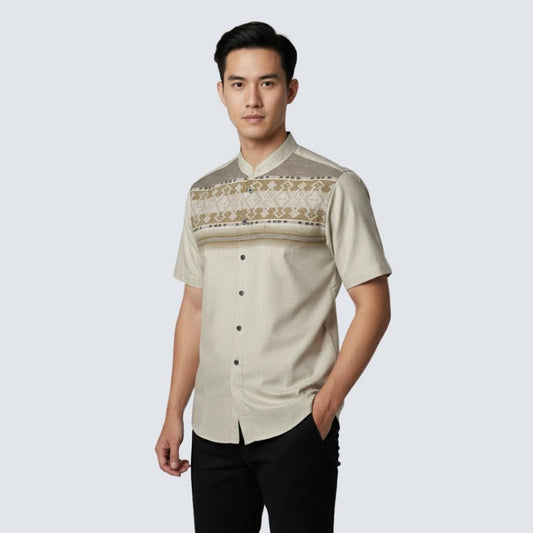Odza Baju Koko Lengan Pendek Pria Dewasa Kemeja Kerah Mandarin Katun Import Model Terbaru Fahimka Cream