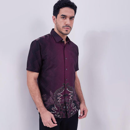 Odza Couple Set Kemeja Batik Lengan Pendek Pria Rompi Wanita Outer Vest Luaran Allsize Merah Maroon