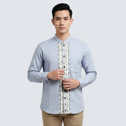 Odza Baju Koko Pria Lengan Panjang Jumbo Modern Baju Muslim Dewasa Cowok Regular Bukhori Biru Muda