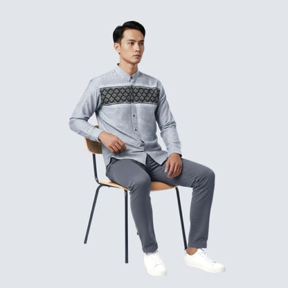 Odza Baju Koko Pria Lengan Panjang Modern Regular Fit Kemeja Atasan Muslim Size Besar Aafiyah Abu-abu