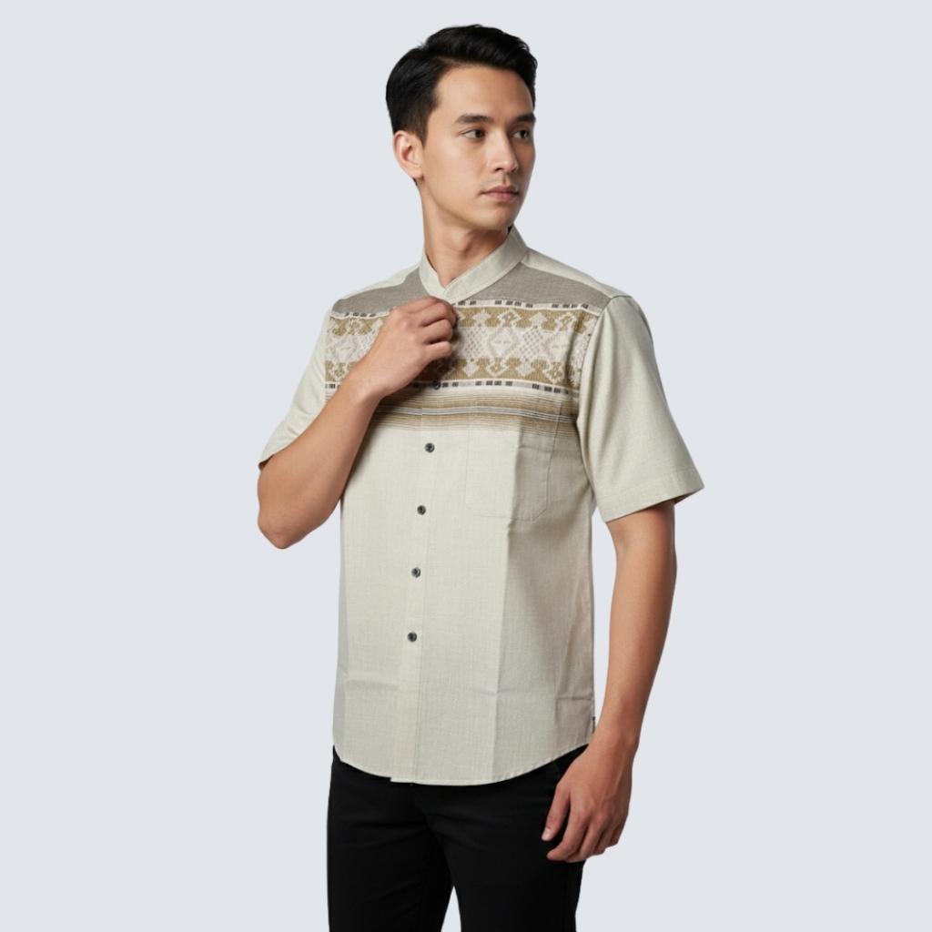 Odza Baju Koko Lengan Pendek Pria Dewasa Kemeja Kerah Mandarin Katun Import Model Terbaru Fahimka Cream