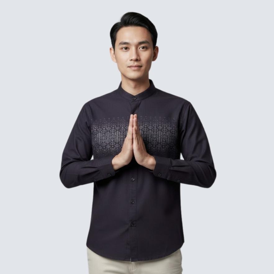 Odza Baju Koko Lengan Panjang Pria Kemeja Muslim Katun Regular Fit Bagisha Ungu Tua