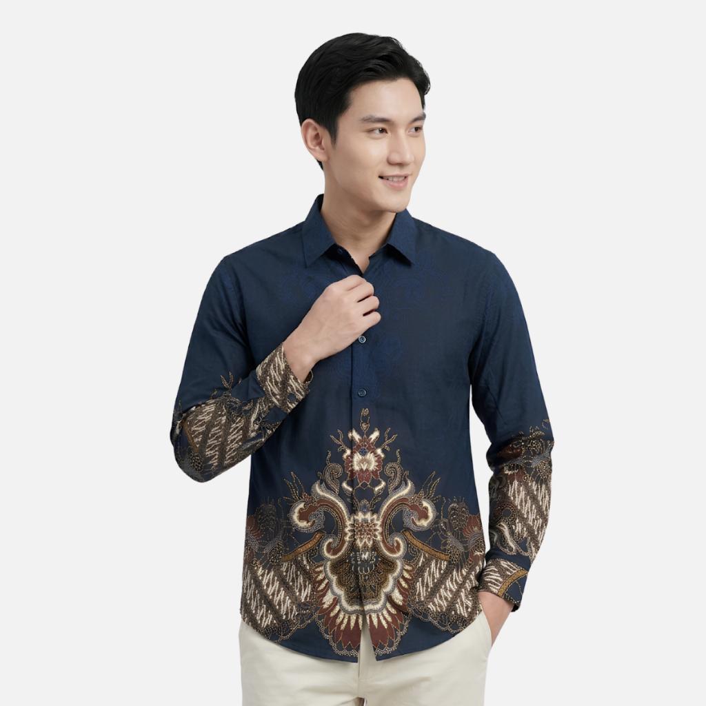 Odza Kemeja Batik Pria Slim Fit Lengan Panjang Katun Premium Baju Kerja Kondangan Demis Hitam Navy