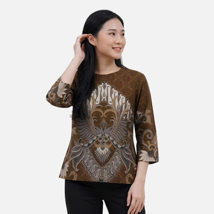 Odza Blouse Batik Wanita Lengan 7/8 Atasan Kemeja Kerja Kondangan Modern Katun Premium Arunawa Hitam Coklat