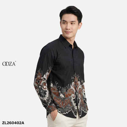 Odza Kemeja Batik Pria Slim Fit Lengan Panjang Katun Premium Baju Kerja Kondangan Maroon Hitam