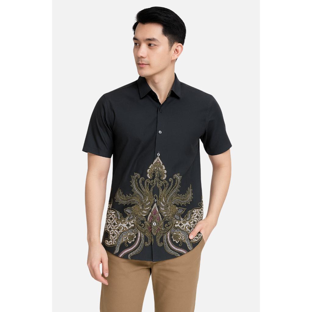Odza Set Kemeja Rok Lilit Batik Couple Pria Wanita Lengan Pendek Kebaya Jumputan Hitam Naratama Motif Setelan