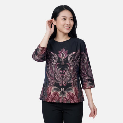 Odza Blouse Batik Wanita Lengan 7/8 Atasan Kemeja Kerja Kondangan Modern Dakupa Coklat Tua Hitam