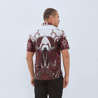 Odza Atasan Kemeja Batik Lengan Pendek Pria Slim Fit Trendy Modern Style Merah Maroon Adhikari