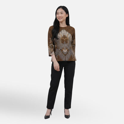 Odza Blouse Batik Wanita Lengan 7/8 Atasan Kemeja Kerja Kondangan Modern Katun Premium Jauwe Coklat Hitam