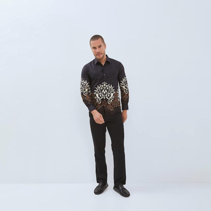 Odza Baju Kemeja Batik Slim Regular Fit Pria Lengan Panjang Modern Hitam Abu tua Waradana