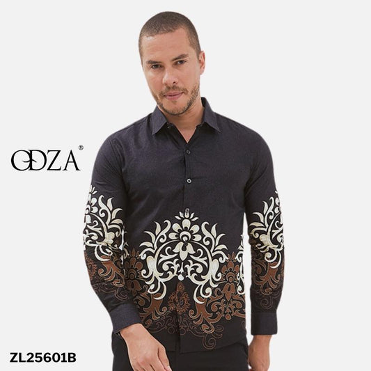 Odza Baju Kemeja Batik Slim Regular Fit Pria Lengan Panjang Modern Hitam Abu tua Waradana