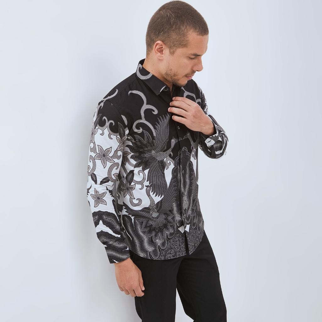 Odza Baju Kemeja Batik Hitam Lengan Panjang Pria Slim Fit Jumbo Pola Besar