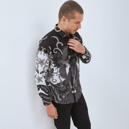 Odza Baju Kemeja Batik Hitam Lengan Panjang Pria Slim Fit Jumbo Pola Besar