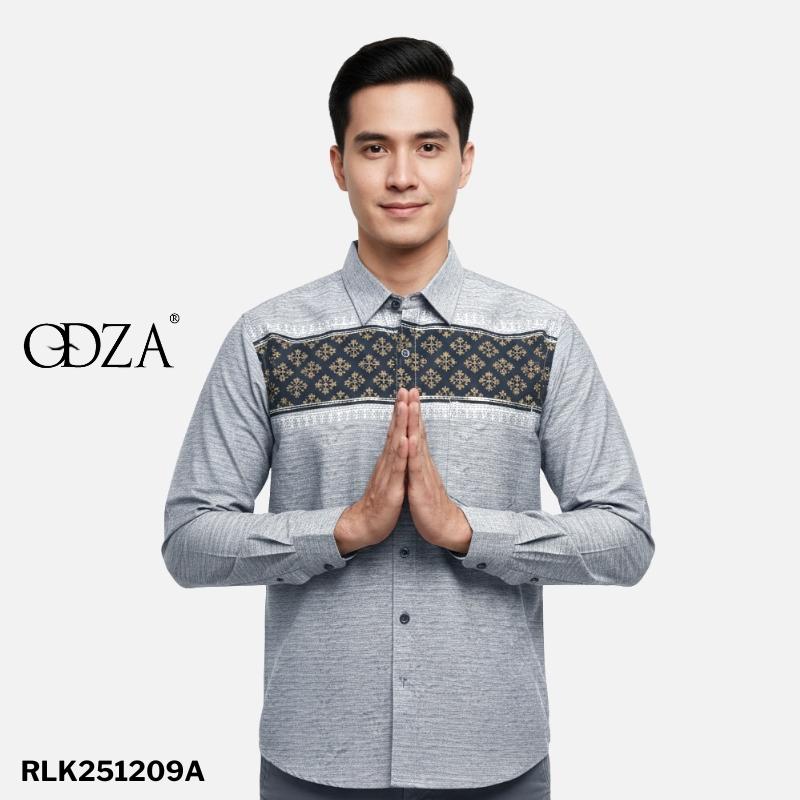 Odza Classic Baju Koko Lengan Panjang Regular Fit Kemeja Muslim Motif Pria Aalif Hitam Abu-abu