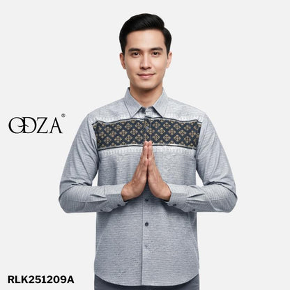 Odza Classic Baju Koko Lengan Panjang Regular Fit Kemeja Muslim Motif Pria Aalif Hitam Abu-abu