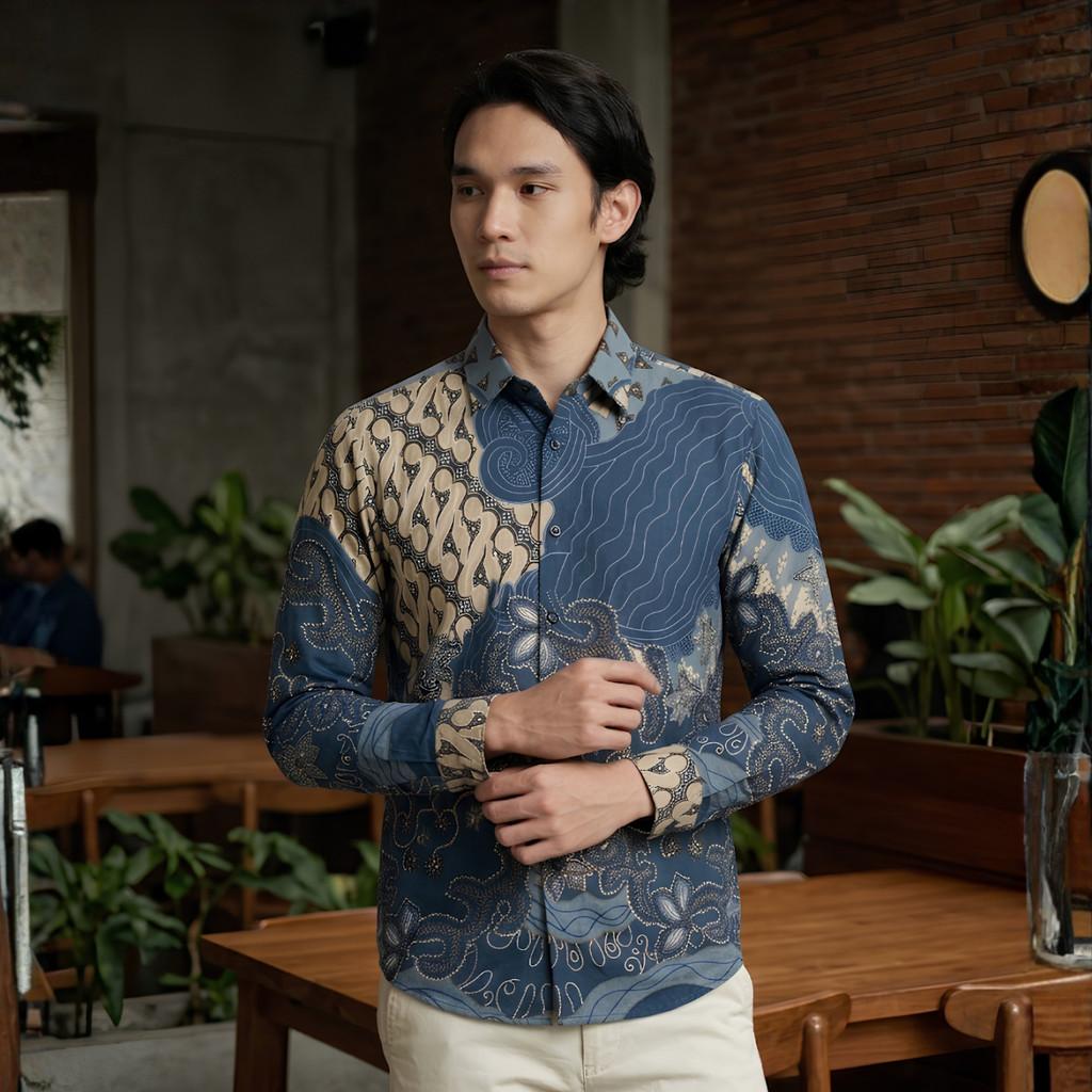 Odza Batik Couple Set Kemeja Pria Blouse Wanita Lengan Panjang 7/8 Cotton Printing Slim Fit Jumbo Javastera Biru