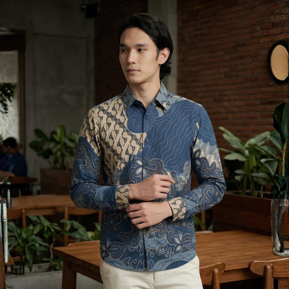 Odza Batik Couple Set Kemeja Pria Blouse Wanita Lengan Panjang 7/8 Cotton Printing Slim Fit Jumbo Javastera Biru