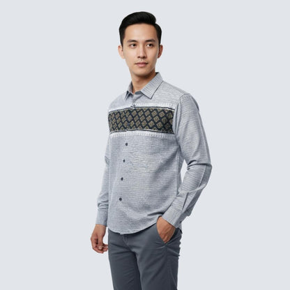 Odza Classic Baju Koko Lengan Panjang Regular Fit Kemeja Muslim Motif Pria Aalif Hitam Abu-abu
