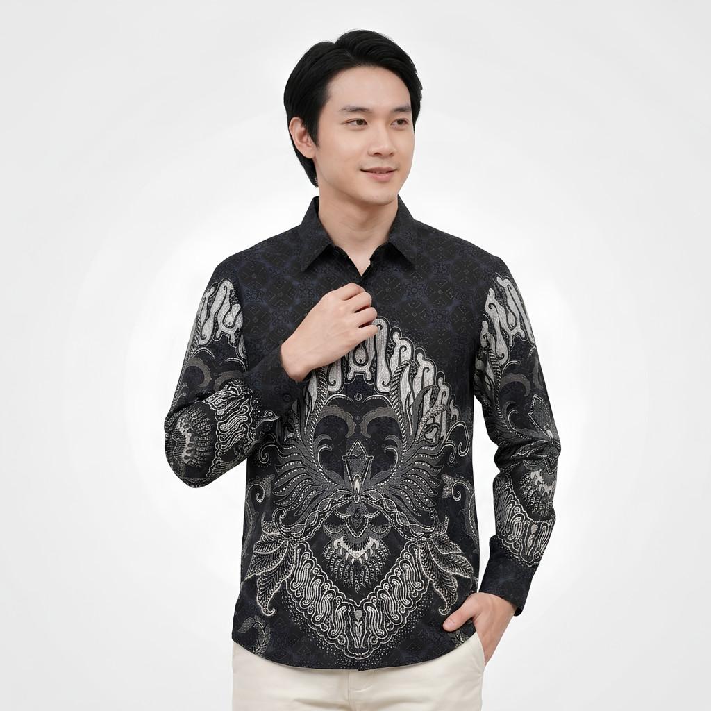 Odza Batik Couple Set Kemeja Pria Blouse Wanita Lengan Panjang 7/8 Cotton Printing Slim Fit Jumbo Arunawa Hitam Abu-abu