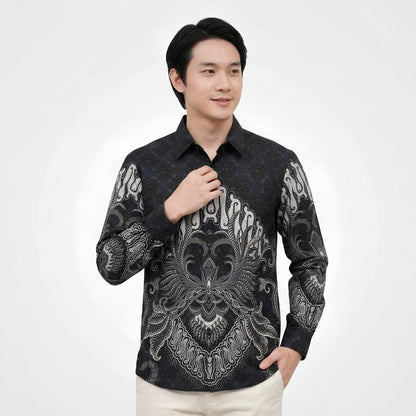 Odza Batik Couple Set Kemeja Pria Blouse Wanita Lengan Panjang 7/8 Cotton Printing Slim Fit Jumbo Arunawa Hitam Abu-abu