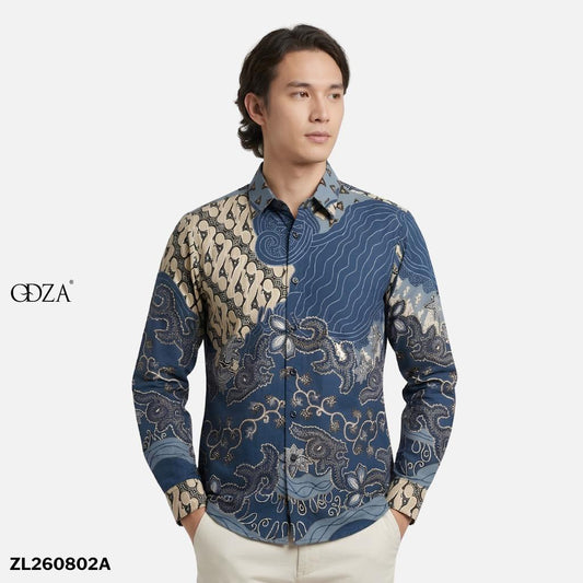 Odza Kemeja Batik Lengan Panjang Modern Pria Cotton Printing Slim Regular Fit Jumbo Javastera Biru Hijau