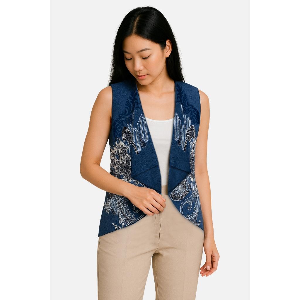 Odza Baju Batik Couple Kemeja Hem Pria Lengan Pendek Slim Fit Outer Rompi Vest Motif Biru Yogaswara