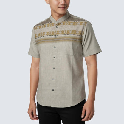 Odza Baju Koko Pria Lengan Pendek Motif Kemeja Kerah Shanghai Keira Katun Coklat