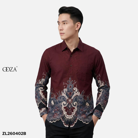 Odza Kemeja Batik Pria Slim Fit Lengan Panjang Katun Premium Baju Kerja Kondangan Bimantara Hitam Maroon