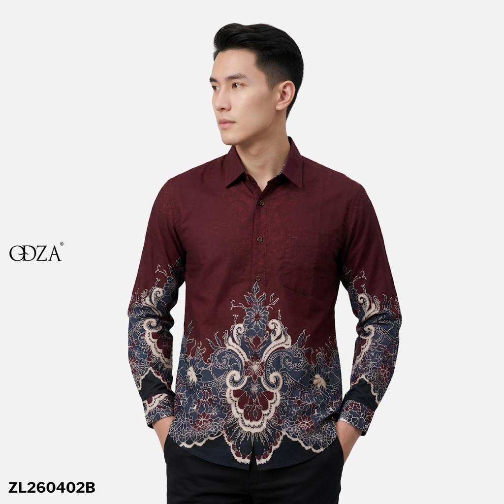 Odza Kemeja Batik Pria Slim Fit Lengan Panjang Katun Premium Baju Kerja Kondangan Bimantara Hitam Maroon