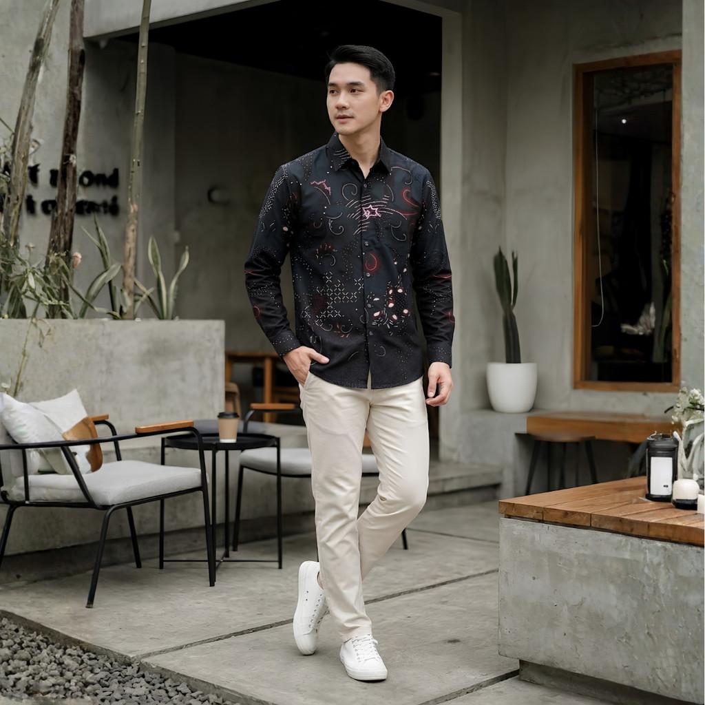 Odza Batik Couple Kemeja Pria Slim Fit Blouse Wanita Lengan Panjang Katun Premium Kondangan Decaddi Hitam