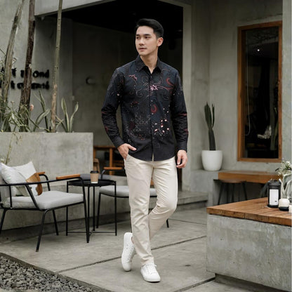 Odza Batik Couple Kemeja Pria Slim Fit Blouse Wanita Lengan Panjang Katun Premium Kondangan Decaddi Hitam