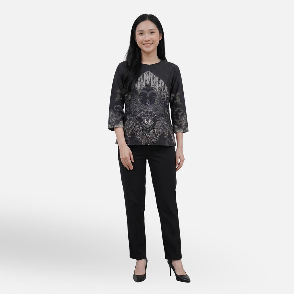 Odza Batik Couple Set Kemeja Pria Blouse Wanita Lengan Panjang 7/8 Cotton Printing Slim Fit Jumbo Arunawa Hitam Abu-abu