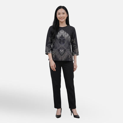 Odza Batik Couple Set Kemeja Pria Blouse Wanita Lengan Panjang 7/8 Cotton Printing Slim Fit Jumbo Arunawa Hitam Abu-abu
