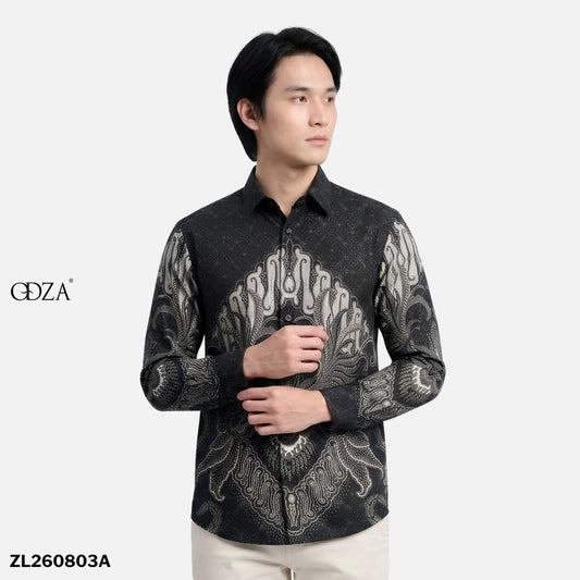 Odza Kemeja Batik Pria Slim Fit Lengan Panjang Katun Premium Baju Kerja Kondangan Jauwe Coklat Hitam