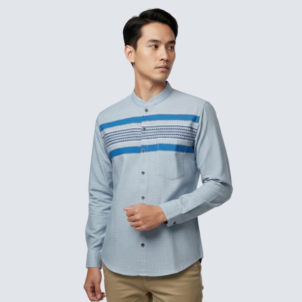 Odza Baju Koko Lengan Panjang Kombinasi Pria Regular fit Modern Kemeja Muslim Modern Batris Biru