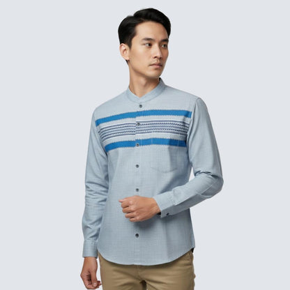 Odza Baju Koko Lengan Panjang Kombinasi Pria Regular fit Modern Kemeja Muslim Modern Batris Biru