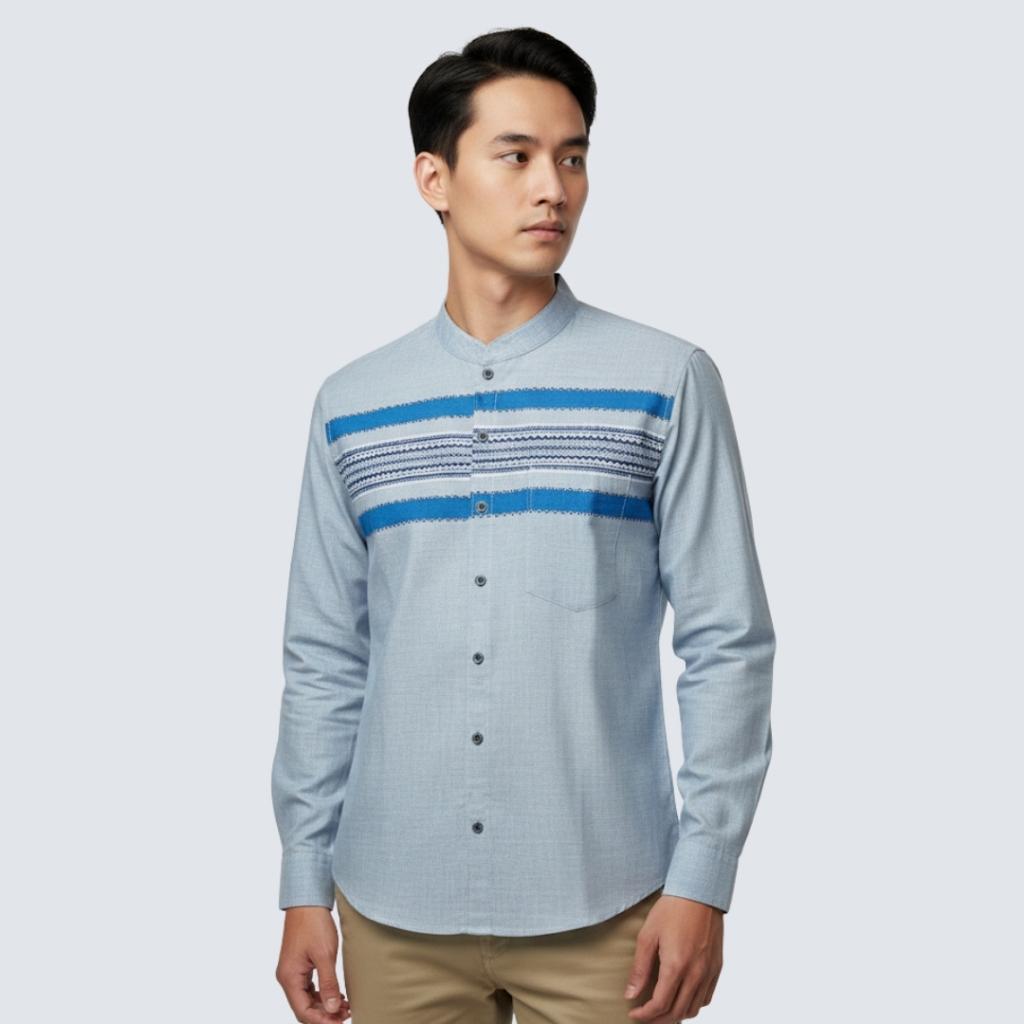 Odza Baju Koko Lengan Panjang Kombinasi Pria Regular fit Modern Kemeja Muslim Modern Batris Biru