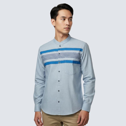 Odza Baju Koko Lengan Panjang Kombinasi Pria Regular fit Modern Kemeja Muslim Modern Batris Biru