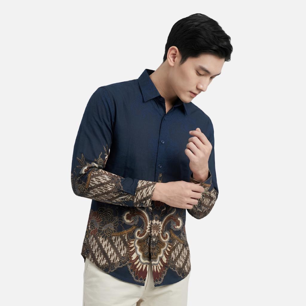 Odza Kemeja Batik Pria Slim Fit Lengan Panjang Katun Premium Baju Kerja Kondangan Panjira Navy Hitam