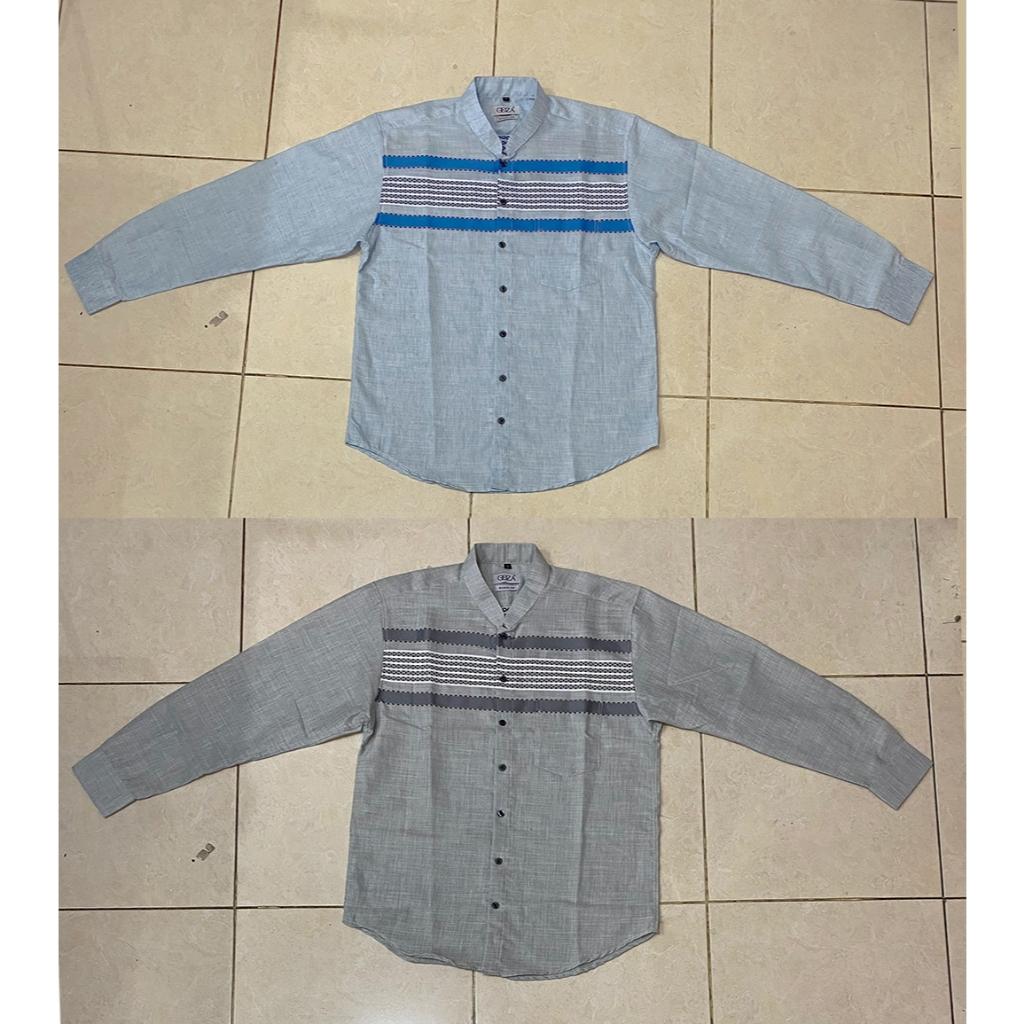 Odza Baju Koko Lengan Panjang Kombinasi Pria Regular fit Modern Kemeja Muslim Modern Batris Biru
