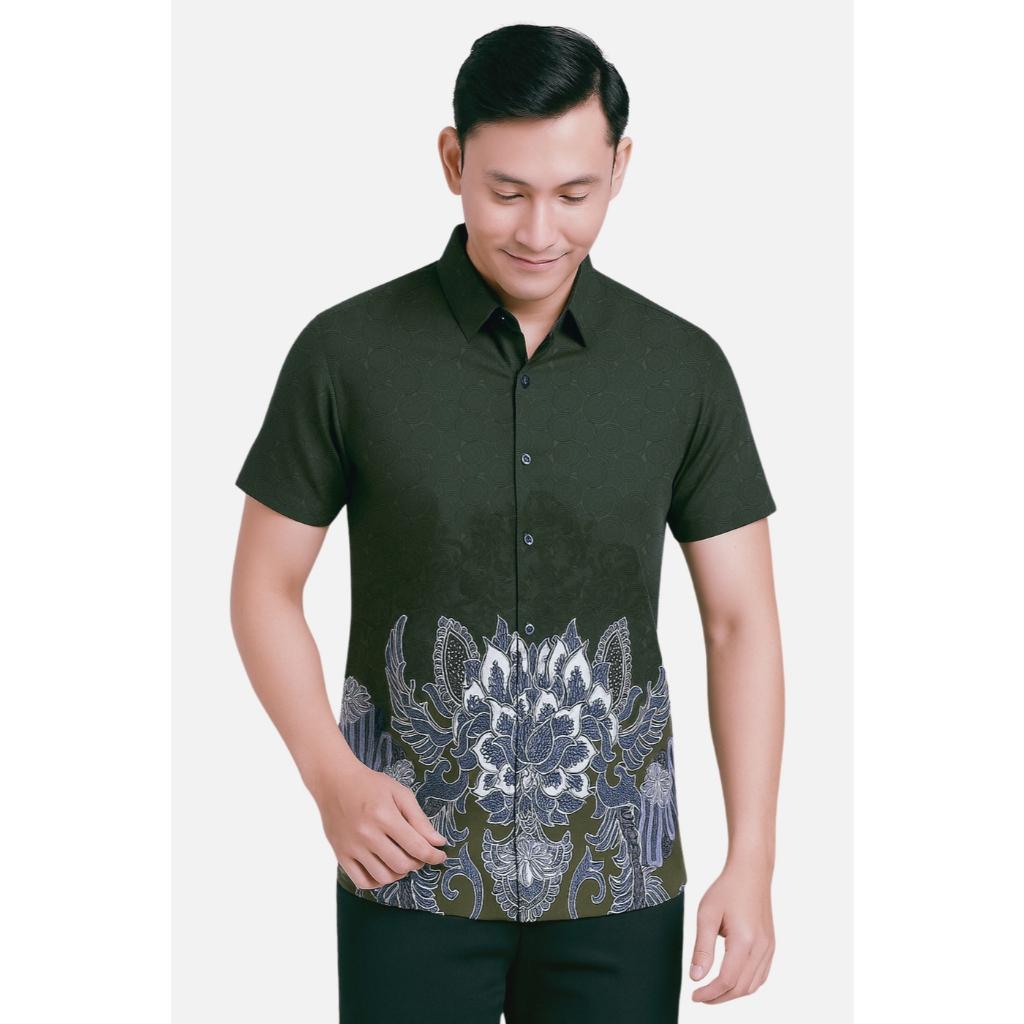 Odza Batik Couple Keluarga Kemeja Hem Pria Baju Lengan Pendek Outer Rompi Vest Pasangan Motif Hijau Jumbo Widyanata